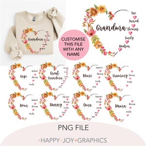 Paquete personalizado de abuela con corazón floral y nombre de nietos PNG Mamá jardín PNG Mamá floral PNG Regalo de corazón personalizado para abuela Nombres de niños PNG