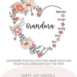 Pode incluir: Um design de cora&ccedil;&atilde;o floral com a palavra "Grandma" no centro. Os nomes Jasmine, George, Emily, Luca, Mia e Lilly est&atilde;o dispostos em torno do cora&ccedil;&atilde;o.