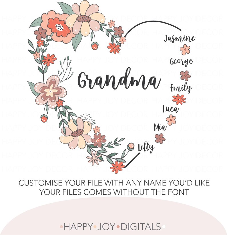 Pode incluir: Um design de cora&ccedil;&atilde;o floral com a palavra "Grandma" no centro. Os nomes Jasmine, George, Emily, Luca, Mia e Lilly est&atilde;o dispostos em torno do cora&ccedil;&atilde;o.