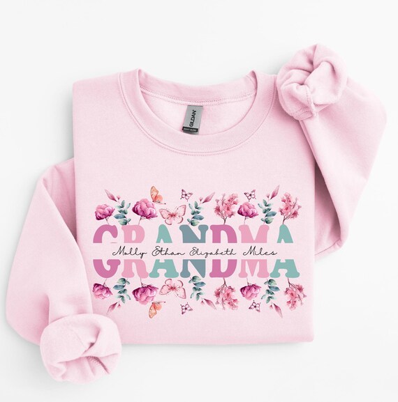 Customizable Grandma Pink Floral Png Template For Grandkids Names Grandma Birthday Butterfly Shirt Custom Split Name Mothers Day Shirt Png