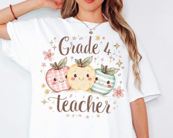 Fourth Grade Teacher Apple Shirt Png Grade Four Teacher Png 4th Grade Teacher Png Cute Kawaii Apple Png Trendy Teacher Design Png Classroom