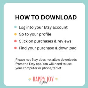 May include: A blue, yellow, and red graphic with instructions on how to download a digital purchase from Etsy. The text reads: "HOW TO DOWNLOAD" and includes four steps: "Log into your Etsy account", "Go to your profile", "Click on purchases & reviews", and "Find your purchase & download". The graphic also includes the text: "Please note Etsy does not allow downloads from the Etsy app. You will need to use your computer or phone/tablet". The graphic is signed "HAPPY JOY digitals".