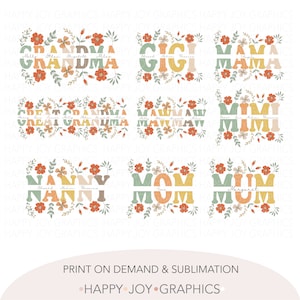 Plantillas PNG de paquete de abuela personalizables Nombre dividido Png Mamá mamá bisabuela niñera Nana Gigi Otoño Flores silvestres Otoño Día de la madre Png