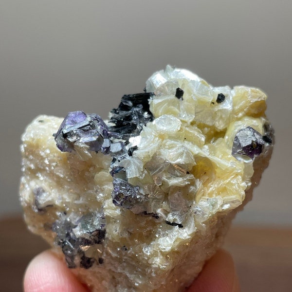 Erongo Fluorites on Yellow Muscovite, with Hyalite Opal, Black Tourmaline and other minerals -- miniatures from Namibia
