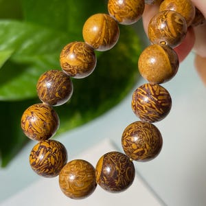 May include: A brown and gold beaded bracelet with a marbled pattern. The beads are round and have a smooth, polished finish.