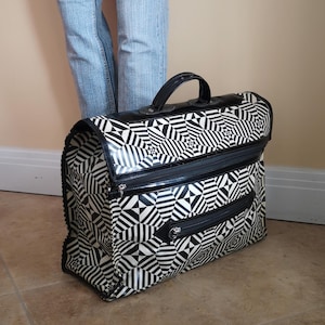 Overnight Bag, Weekender Luggage, Black White Carryall, Soft Collapsible Luggage, Geometric Web Design Suitcase, Retro Duffel Style Handbag