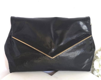 Sac à main et pochette en cuir noir vintage, sac à main enveloppe en cuir avec détails dorés