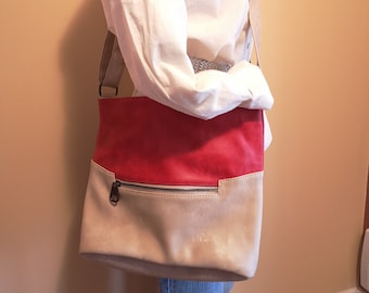 Red & Beige Two-Tone Faux Leather Crossbody Bag, Convertible Designer Leatherette Shoulder Purse, Lee Cooper Design