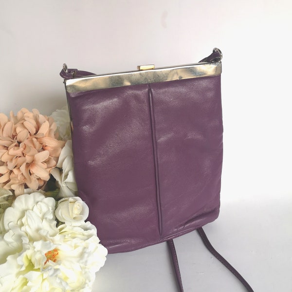 Purple Shoulder Purse, Crossbody HandBag, Leather Sling Bag, Retro Satchel, Carryall Purse, Saddle Bag, Rectangle Purse, Snap Top Handbag