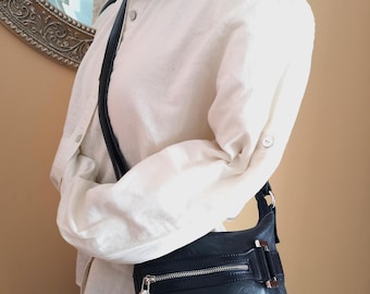 Navy Blue Leather Crossbody Purse: Italian Satchel Handbag