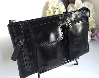 Vintage Black Leather Hip Purse | Unisex Fossil Belt Bag | Retro Designer Clutch Handbag
