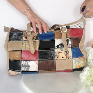 Patchwork Tote, Leather Boho Shoulder Bag, Bohemian Celebrity Handbag, Multi Colored Tote Purse, Gift for Vintage Hunter, Gift for 90s Kid