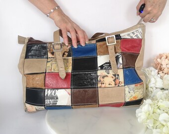 Borsa tote vintage - Quadrati in pelle patchwork / Borsa a tracolla boho / Borsa con stampa di celebrità