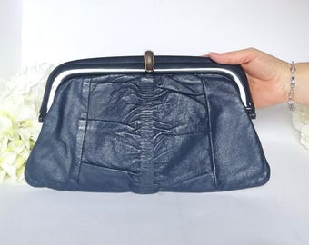 Vintage Navy Italian Leather Convertible Clutch - Dark Blue Minimalist Shoulder Bag, Retro Evening Purse