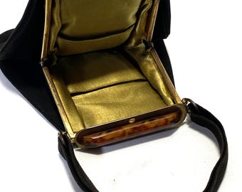 Mid Century Black Black Suede Evening Bag | Retro Purse with Decorative Bakelite Clasp