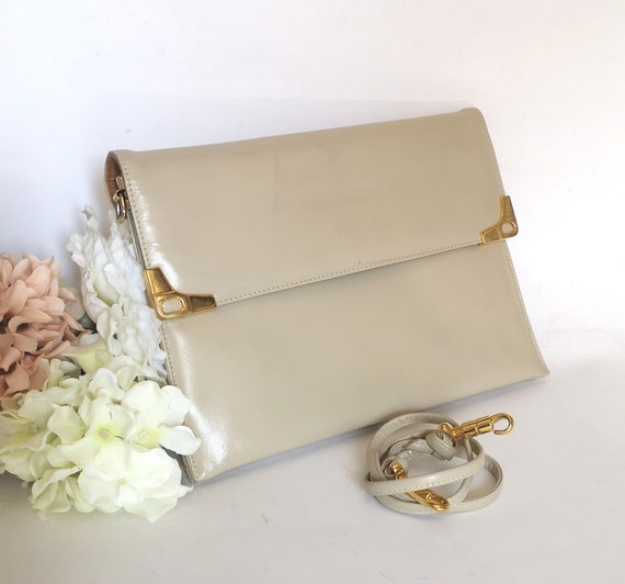 Designer Handbag, Beige Leather Purse, Retro Clut… - image 1