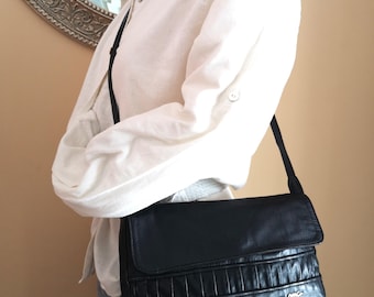 Vintage Black Leather Crossbody Bag: Italian Designer Shoulder Handbag