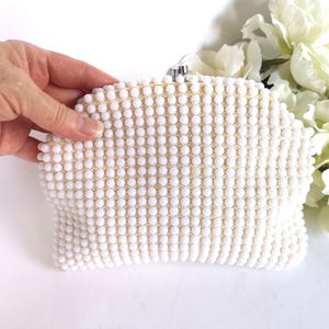 Vintage White Beaded Clutch: Faux Pearl Evening Bag, Made in Hong Kong