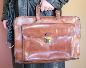 Borsa da lavoro vintage in pelle marrone / Borsa portadocumenti retrò / Borsa a tracolla Tony Perotti Executive