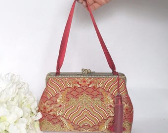 Vintage Brocade Fabric Hand Purse | Retro Asian Print Dainty Evening Bag - Satin Hand Straps