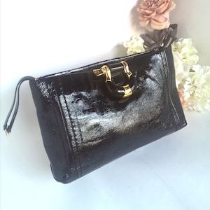 Bolso de mano negro, bolso de mano de cuero, bolso de noche retro, bolso de mano de charol negro, moda Jimmy Choo, bolso de mano de diseñador, regalo vintage de Hunter