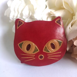 Porte-monnaie en cuir, Portefeuille tête de chat, Pochette en cuir rouge, Porte-monnaie animal, Mini pochette zippée, Portefeuille enfant rétro, Petit portefeuille