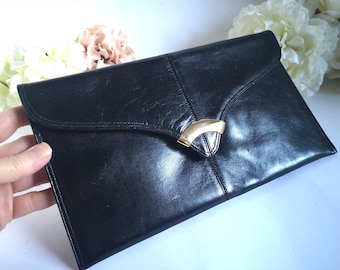 Vintage Black Leather Clutch, Rafy Design, Evening Handbag
