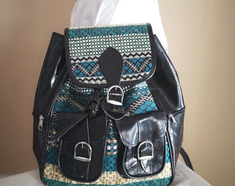 Vintage Black Leather & Brocade Backpack Shoulder Bag | Retro Knapsack or Rucksack with Adjustable Straps