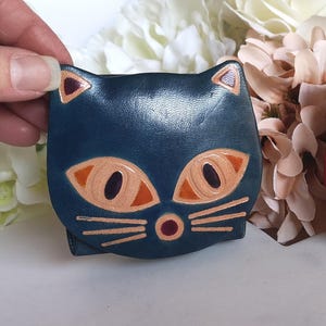 Monedero de piel, cartera azul marino con cara de gato, cartera pequeña para billetes, monedero con forma de animal, minibolso con cremallera, cartera retro para niños, cartera pequeña