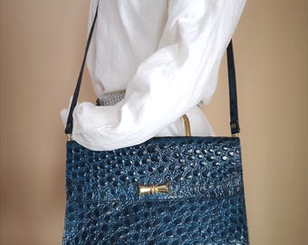 Vintage Veneto Blue Leather Briefcase | Crocodile Print Shoulder Purse or Messenger Bag