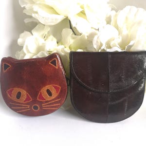 Porte-monnaie en cuir, Portefeuille marron avec tête de chat, Pochette en peau d'anguille rouge foncé, Porte-monnaie animal, Mini pochette zippée, Petits portefeuilles rétro pour enfant