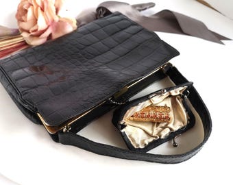 MCM Crocodile Embossed Leather Handbag & Coin Purse | Black Vintage Bag with Silk Change Wallet