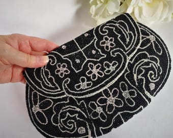Vintage Formal Black Beaded Clutch Bag | Evening Purse with Decorative Seed Beads & Rhinestones