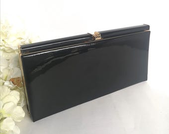 Vintage Black Patent Clutch: Retro Gold Hardware Formal Purse