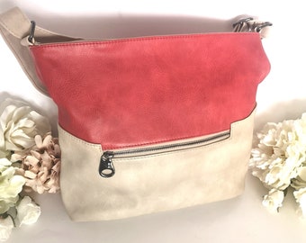 Crossbody Purse, Beige & Red Faux Leather Bag, Designer Shoulder Purse, Leatherette Handbag, Top Handle Purse, Gift for Mum, Lined Interior