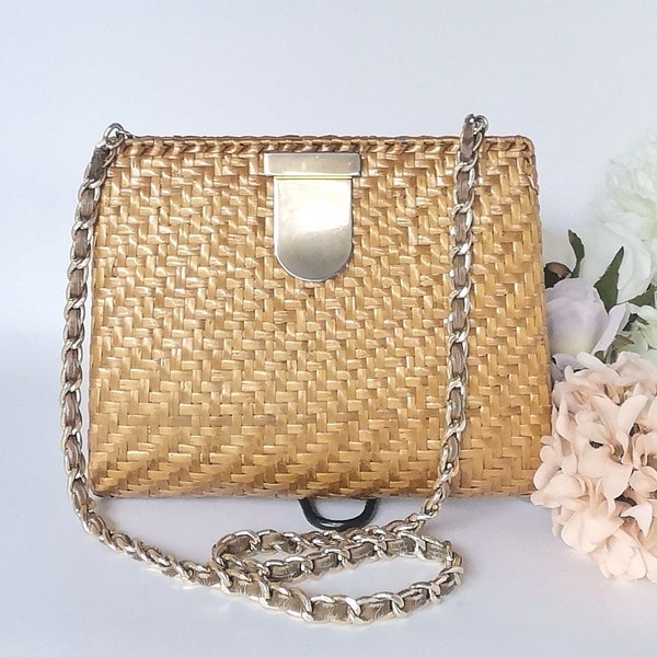 Shoulder Purse, Gold Brown Wicker Bag, Italian Designer Handbag, 2 in 1 Evening Purse, Woven Clutch Bag,  Covertible Shoulder Bag to Clutch