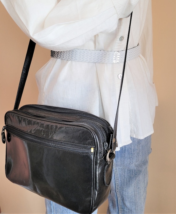 Vintage Black Leather Crossbody Purse: Unisex Satchel Handbag