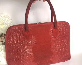 Suede HandBag, Red Embossed Leather Bag, Crocodile Printed Suede Purse, Retro Leather HandBag, Top Handled A-Frame Purse, Gift for Mothers