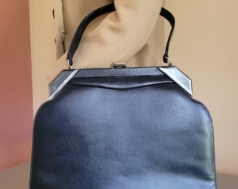 Bolso de mano de cuero azul oscuro de mediados de siglo / Bolso de mano con asa superior MCM de los años 50-60