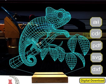 Chameleon 3D lamp file, plan for cnc laser engraving, 3D night light making file.