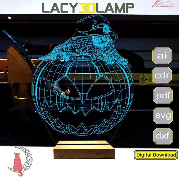 Halloween Witch Cat 3D lamp file, plan for cnc laser engraving, 3D night light making file.