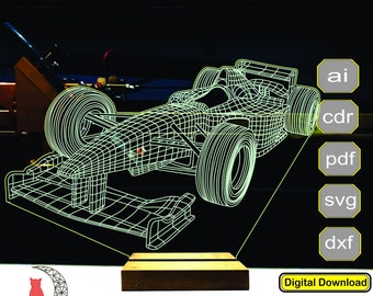 F1 auto 3D lamp bestand, plan voor cnc laser graveren, 3D nachtlampje maken bestand.