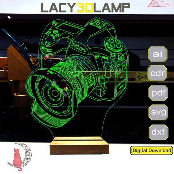 Camera 3D lamp file, plan for cnc laser engraving, 3D night light making file.