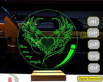 Angel Heart 3D-lampbestand, plan voor cnc-lasergravure, 3D-bestand voor het maken van nachtlampjes.