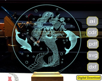 Archivo de lámpara 3D de sirena, plan para grabado láser cnc, archivo de creación de luz nocturna 3D.
