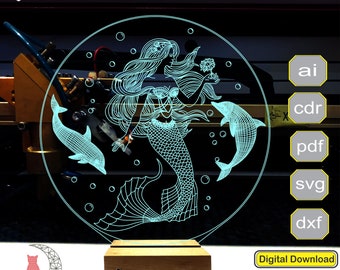 Zeemeermin 3D-lampbestand, plan voor cnc-lasergraveren, 3D-nachtlampje maken bestand.