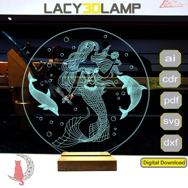 Mermaid 3D lamp file, plan for cnc laser engraving, 3D night light making file.