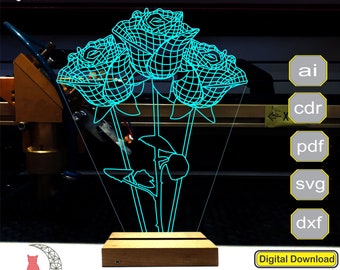 Rose 3D lamp file, plan for cnc laser engraving, 3D night light making file.