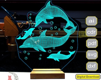 Dolphins V3 3D lamp file, plan for cnc laser engraving, 3D night light making file.