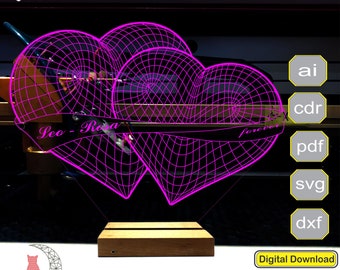 Double Love Heart 3D lamp file, plan for cnc laser engraving, 3D night light making file.